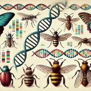DALL·E 2024-06-29 08.54.47 – A detailed illustration of various insects alongside their DNA sequences. The image should show different types of insects such as butterflies, beetle